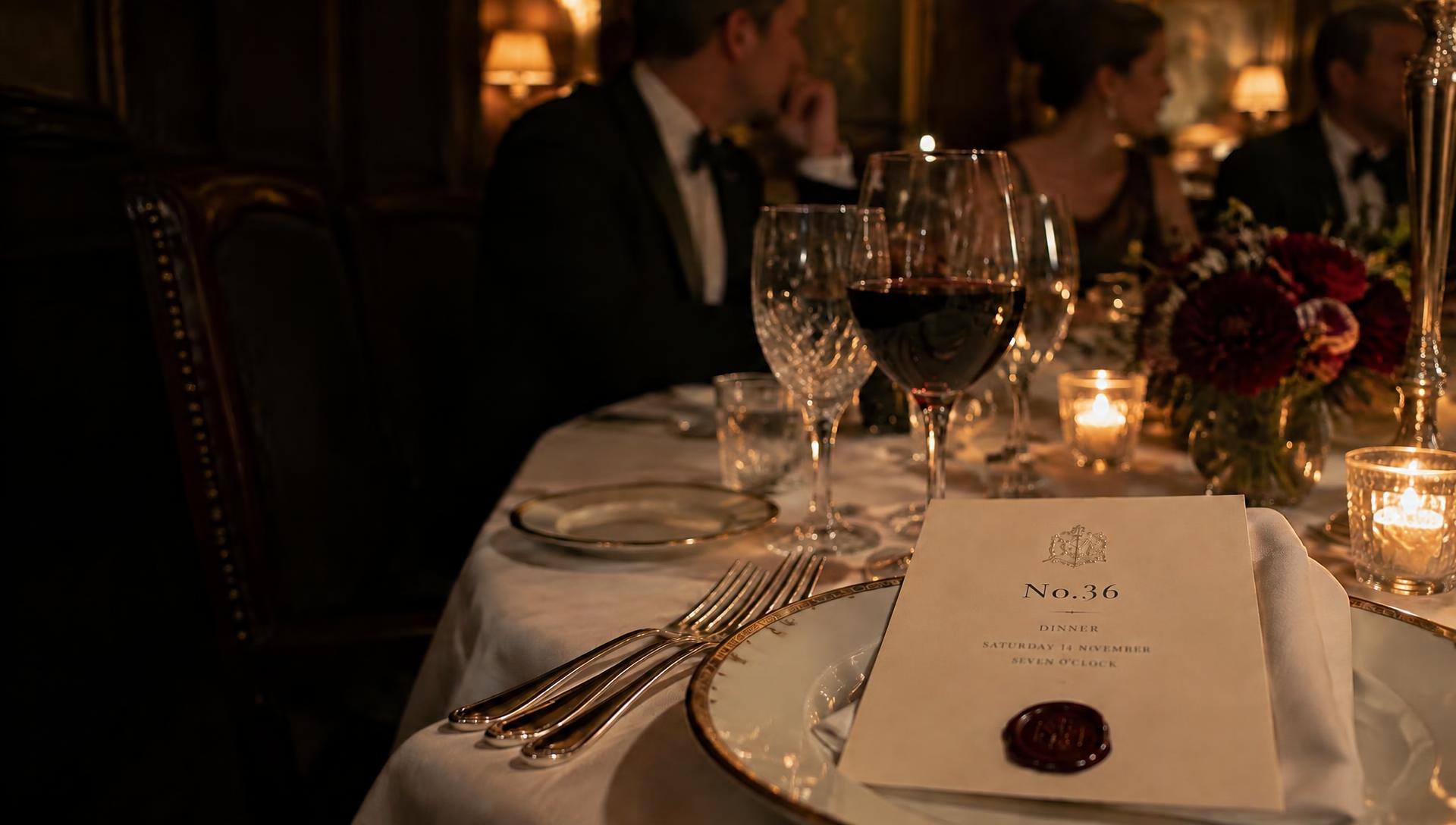 Guests around a candlelit dinner table, with a No.36 invitation card and wax seal