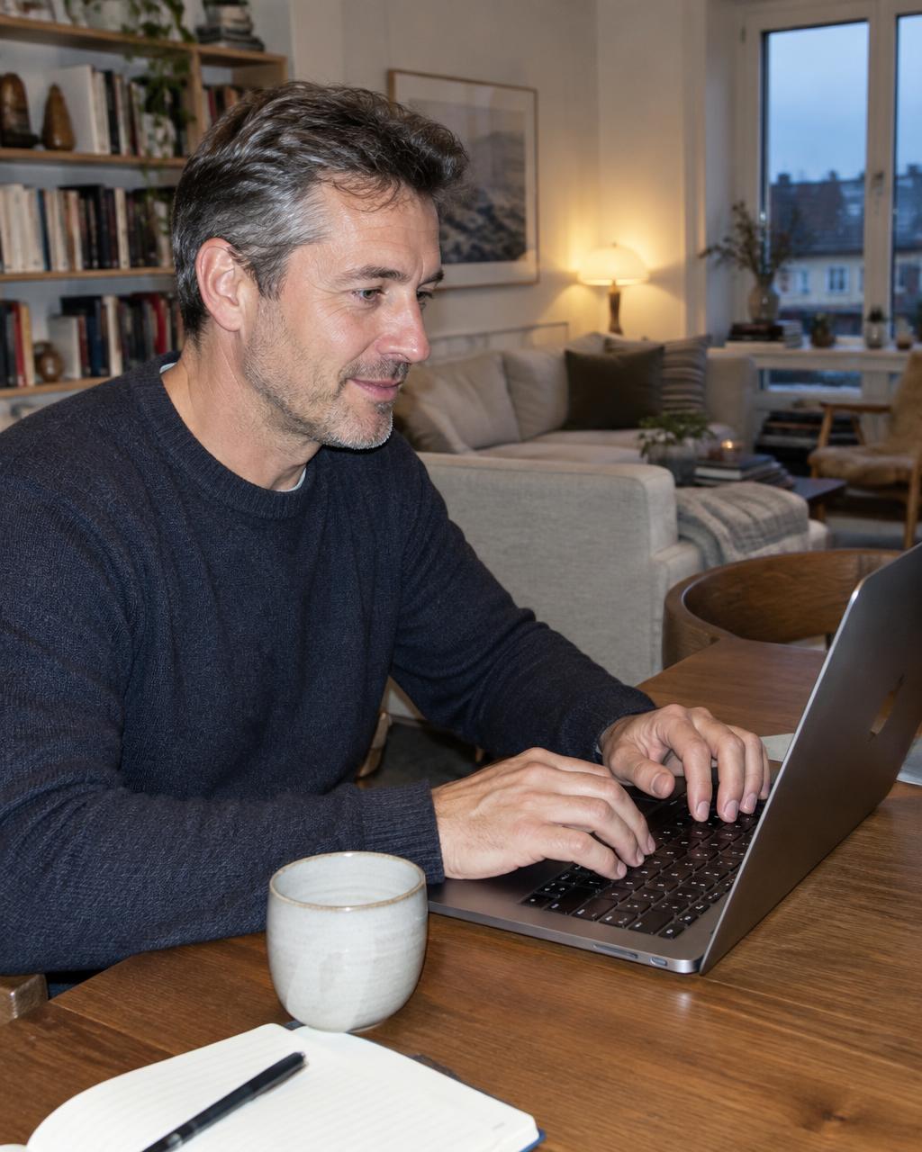 Photograph of a man beginning his application on a laptop at home