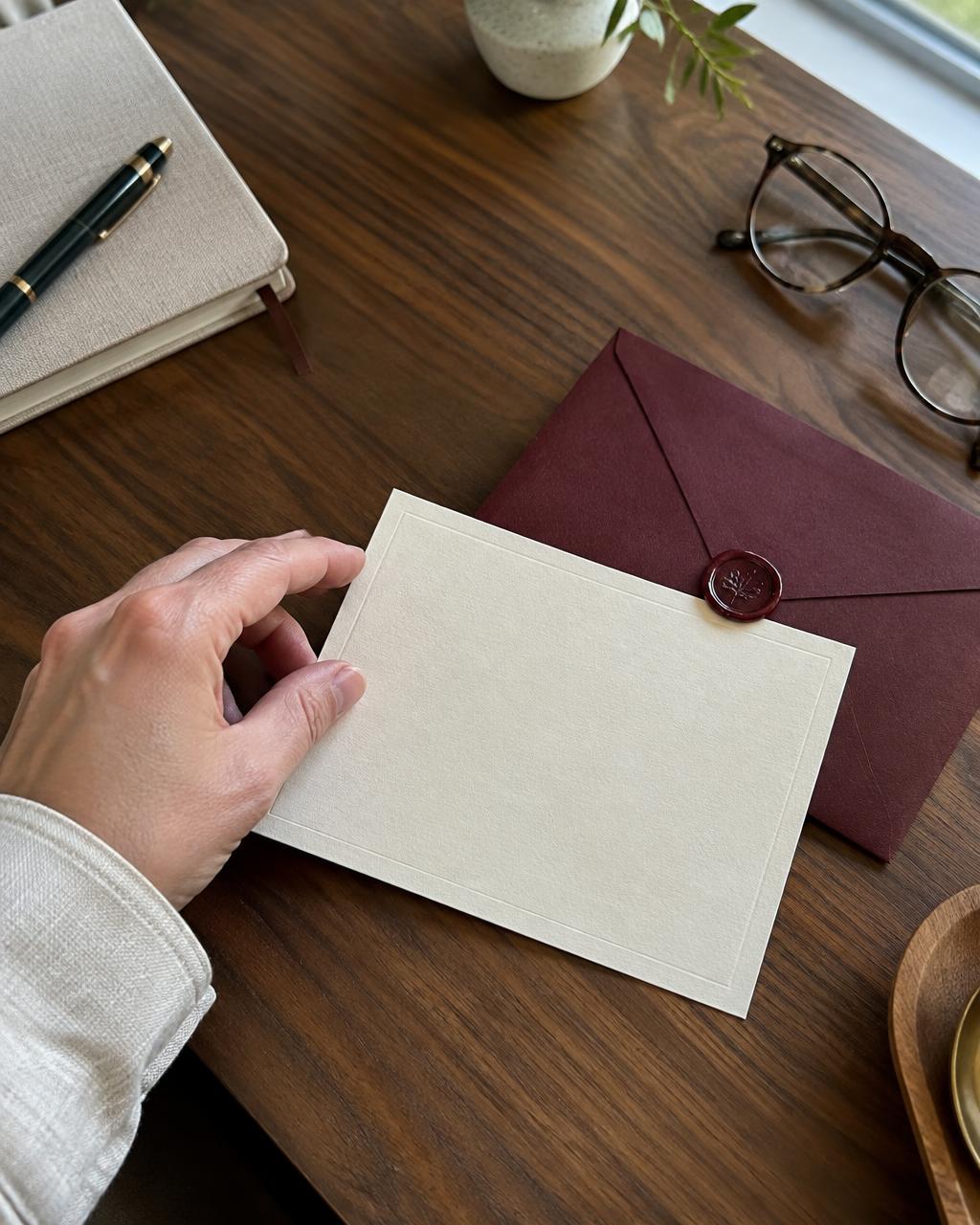 Photograph of invitation stationery being carefully considered at a desk