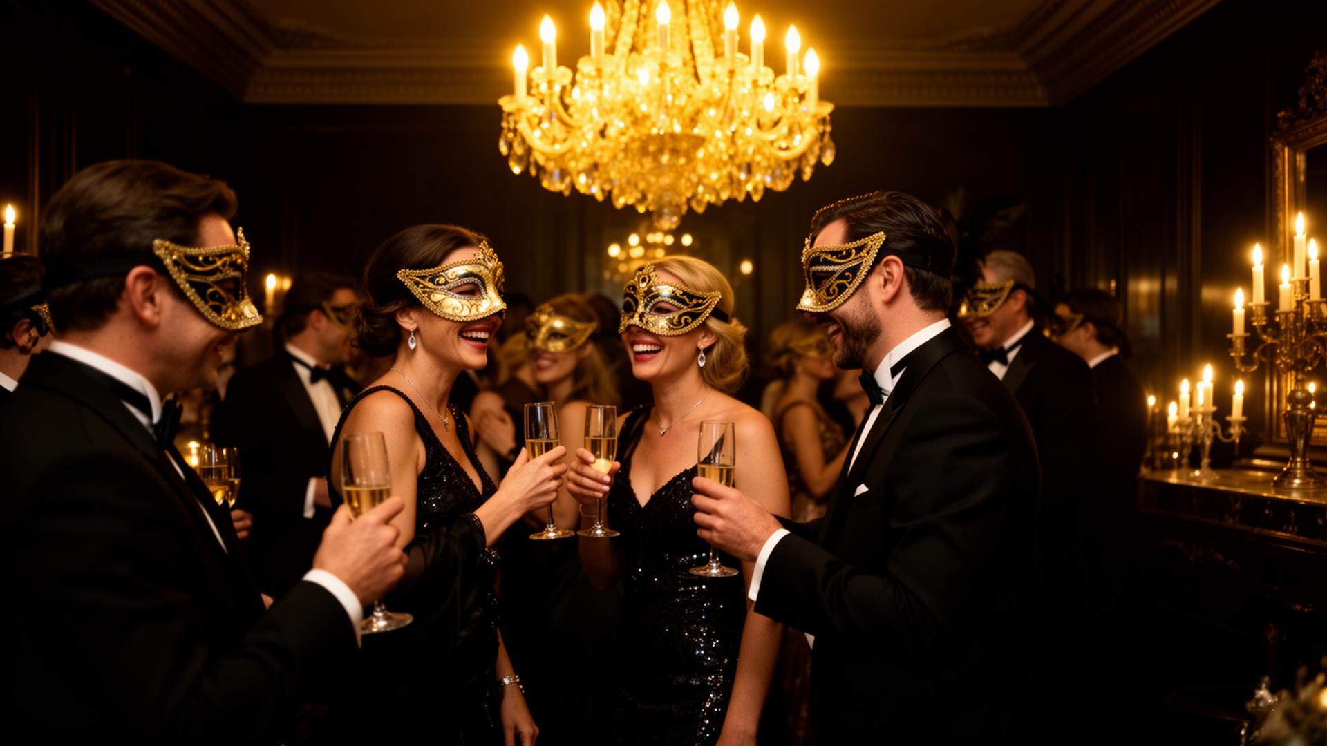 Playful, stylish themed night with guests in evening wear and masks