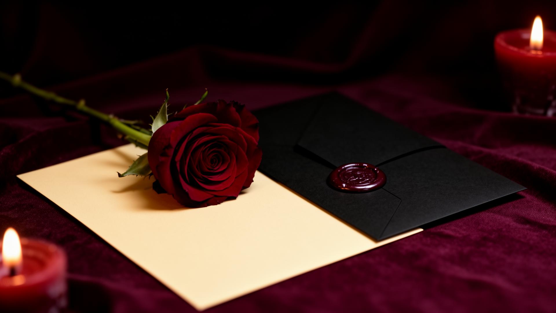 A single red rose beside a wax-sealed envelope